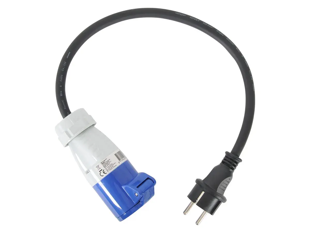 Adaptador de corriente con enchufe europeo y conector azul y blanco, mostrando como van los cables de un enchufe.