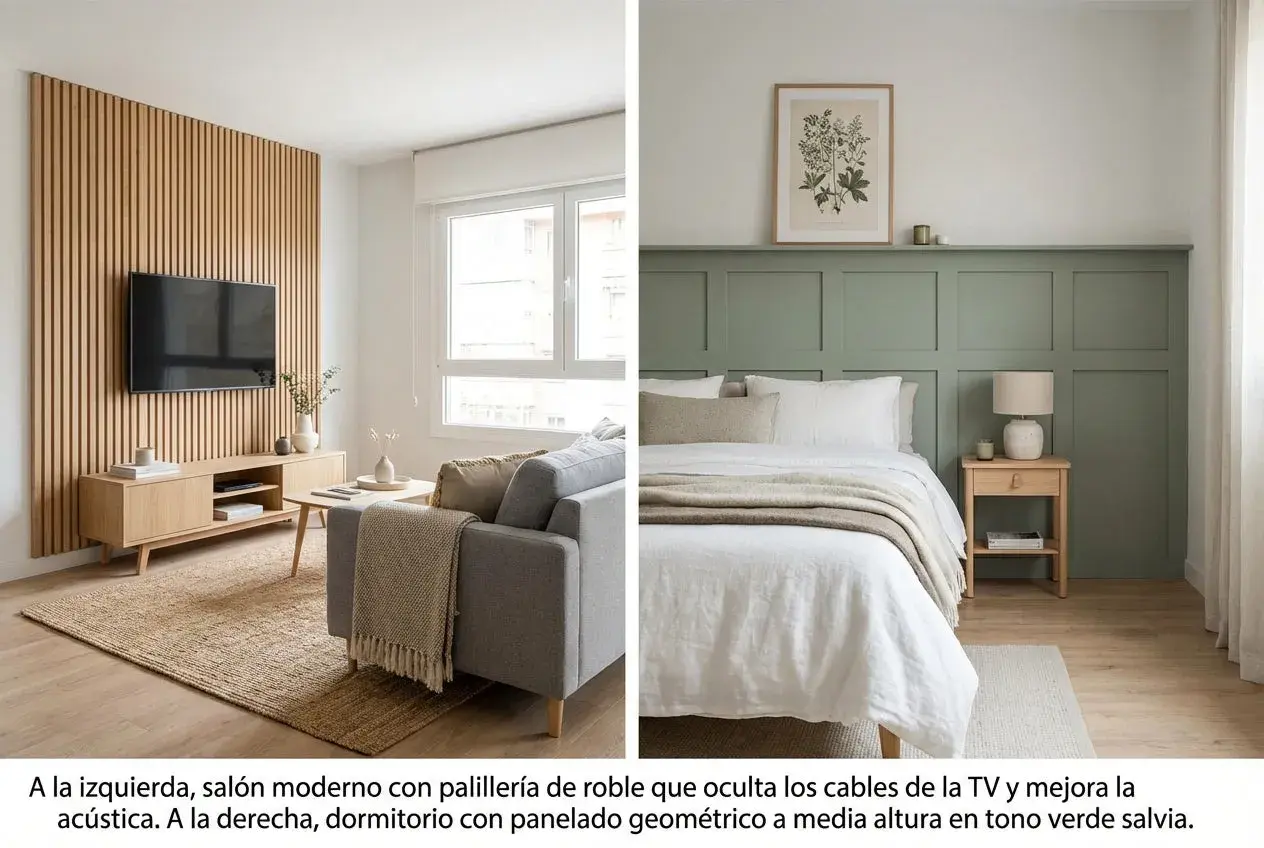 Salón con pared de lamas de madera y dormitorio con panelado verde, mostrando dos tipos de paredes.