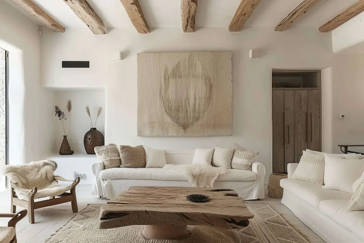 Salones ibicencos con vigas de madera, sofás blancos, mesa de centro rústica y sillón de borrego.