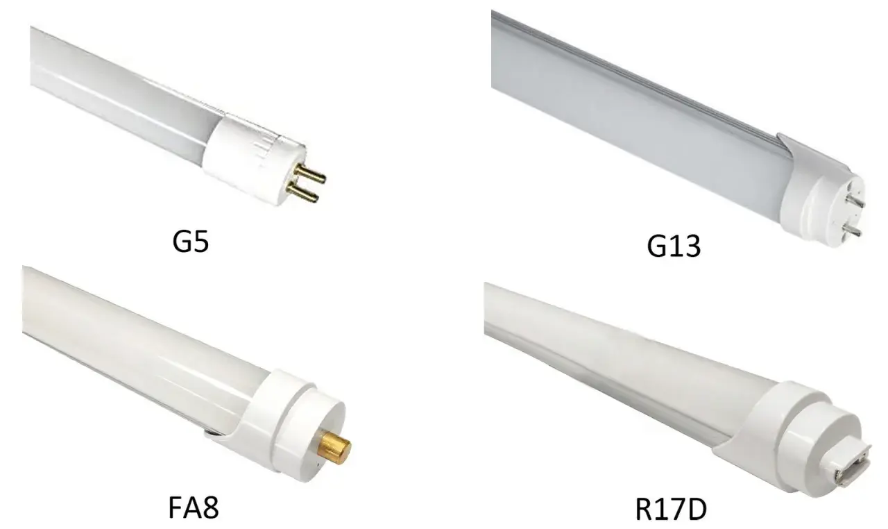 Cuatro bombillas largas: G5, G13, FA8 y R17D, cada una con su conector distintivo.