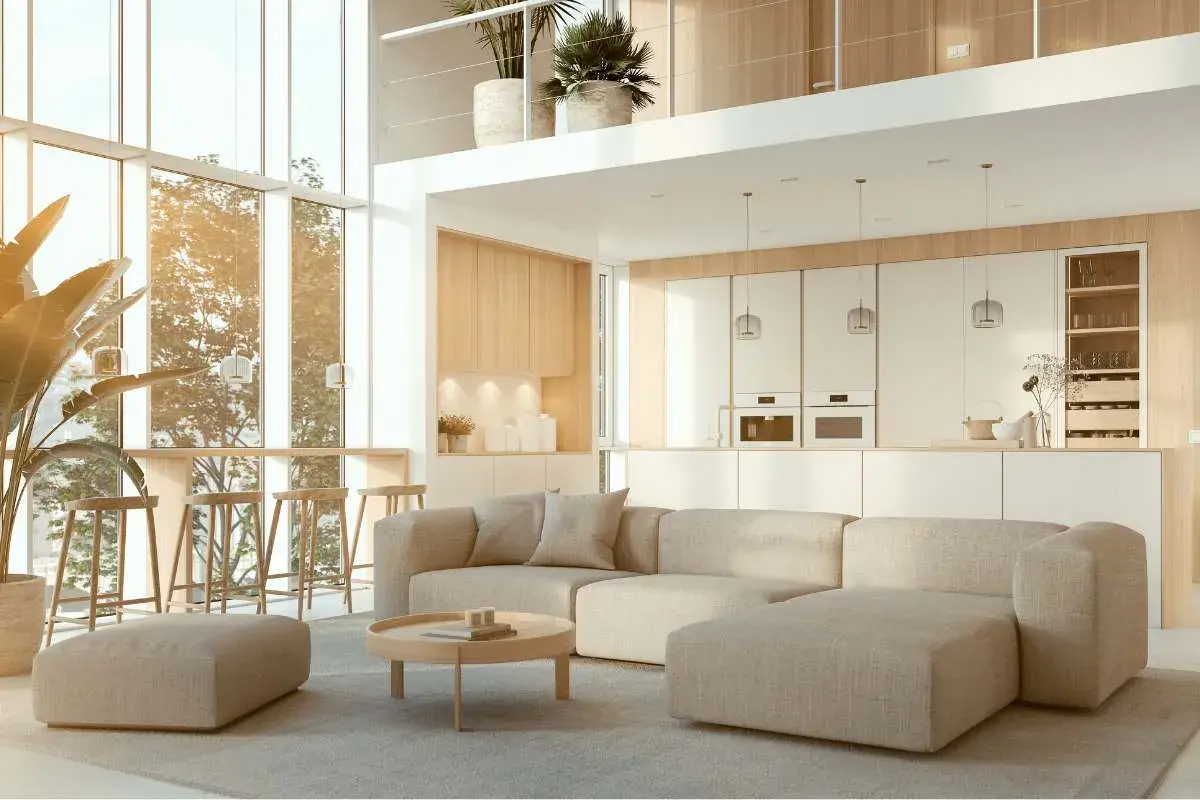 Salón con sofá modular beige, mesa de centro redonda y taburetes altos. Cocina blanca minimalista. Decoración Japandi con plantas y luz natural.