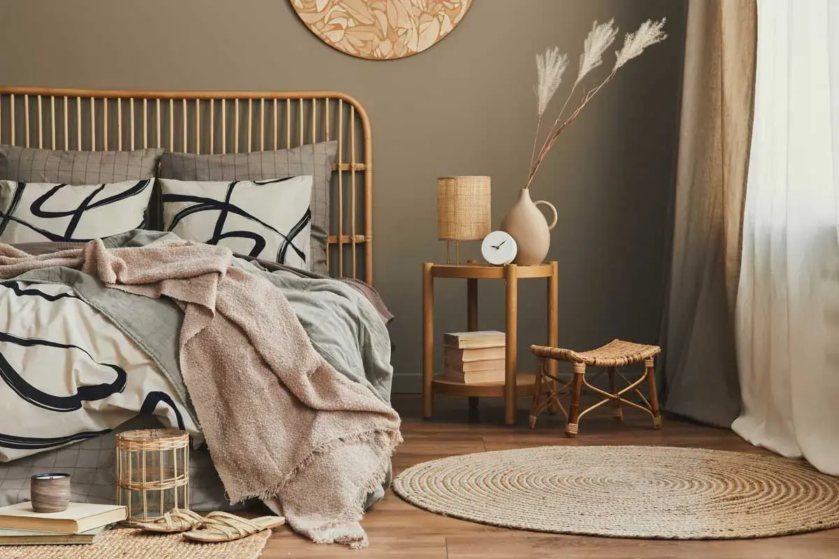 Ideas como decorar una habitación de matrimonio moderna: cama de ratán, ropa de cama con estampado abstracto, manta rosa, alfombra redonda de yute y mesa auxiliar de madera.