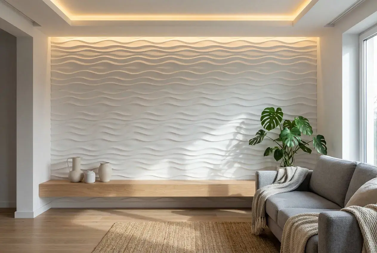 Pared con paneles 3D ondulados, un estante de madera con jarrones y un sofá gris. Una idea moderna para como panelar una pared.