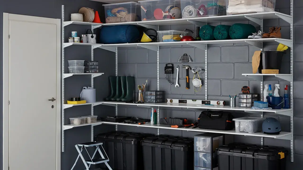 Estanterías metálicas con cajas, herramientas y botas. Una guía visual para saber como organizar un trastero de forma eficiente.
