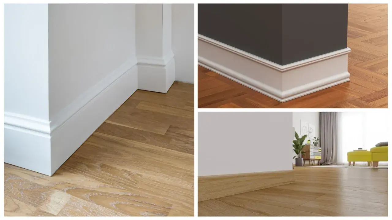 Detalles de zócalo casa: molduras blancas y de madera en esquinas y paredes, sobre suelos de parquet.