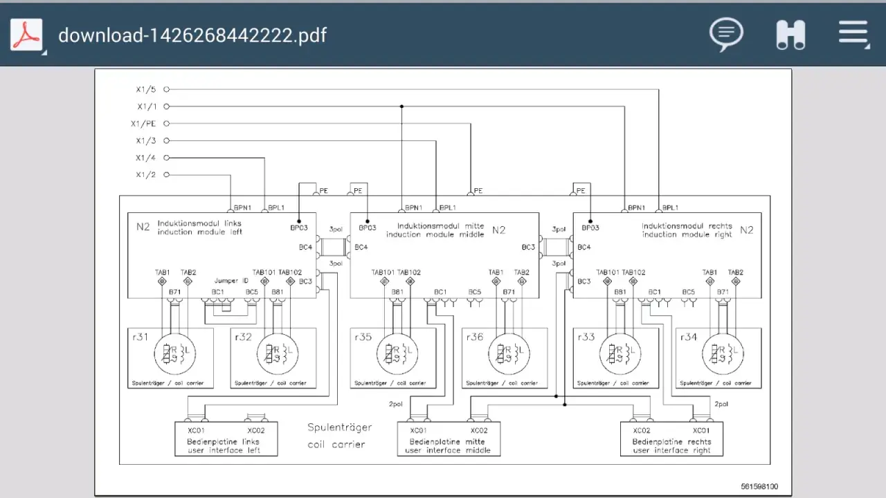 Diagrama de conexión de placa de inducción de 4 cables, mostrando módulos de inducción y sus conexiones.