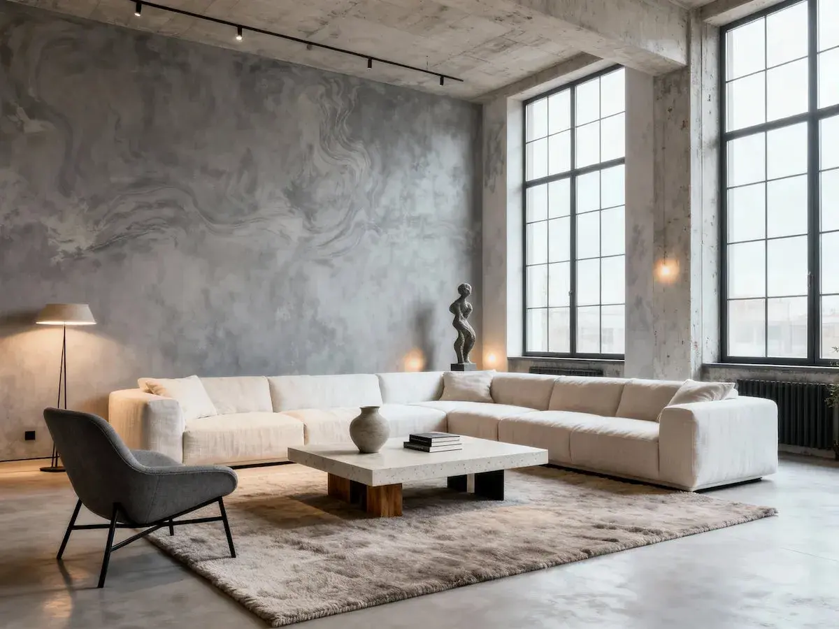Elegante salón con sofá modular blanco, alfombra mullida y una pared con textura de mármol, ofreciendo inspiradoras soluciones para cubrir paredes.