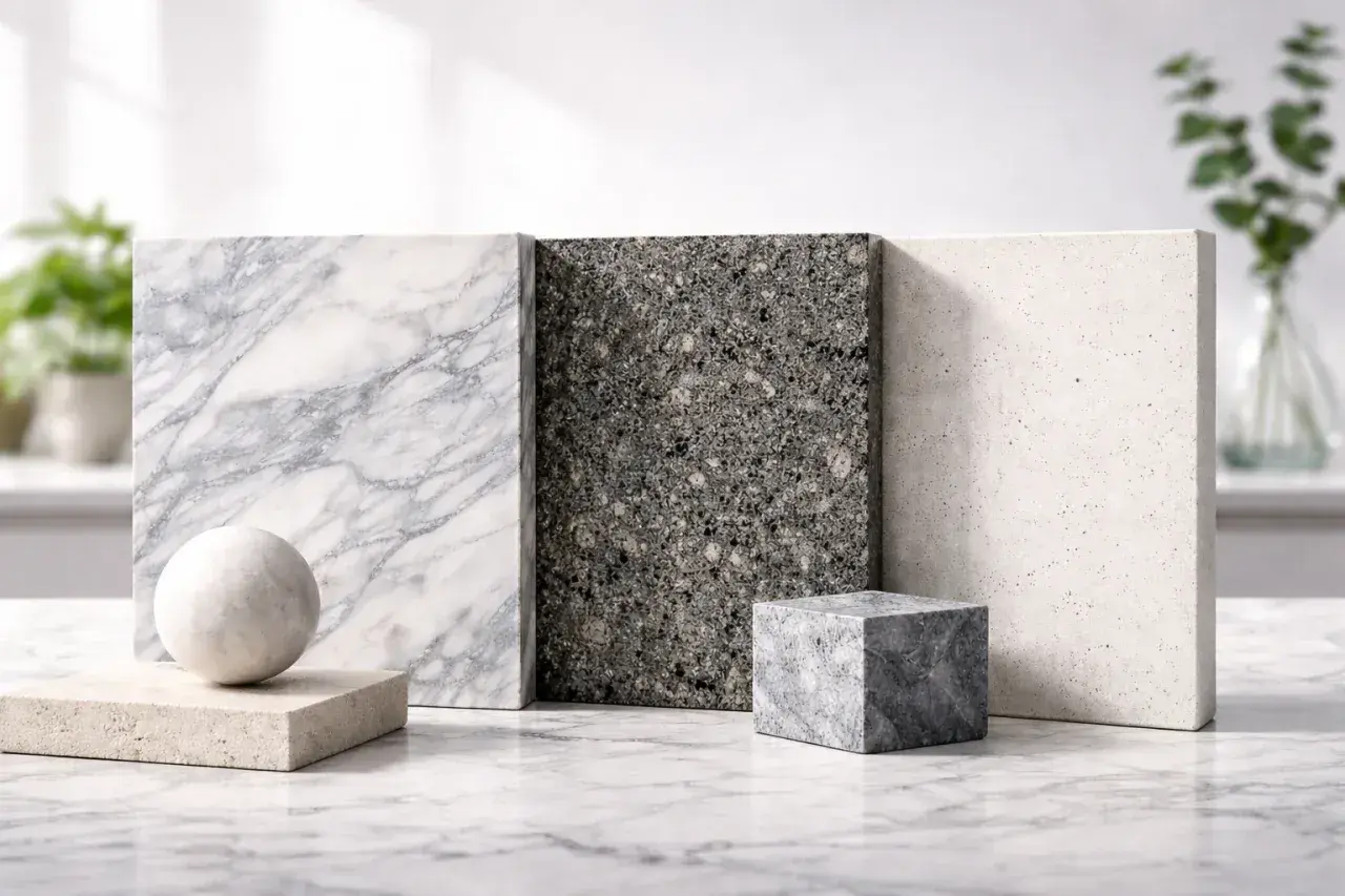 Muestras de piedra: mármol veteado, granito oscuro y piedra clara. Observa la diferencia entre granito y mármol en sus texturas.