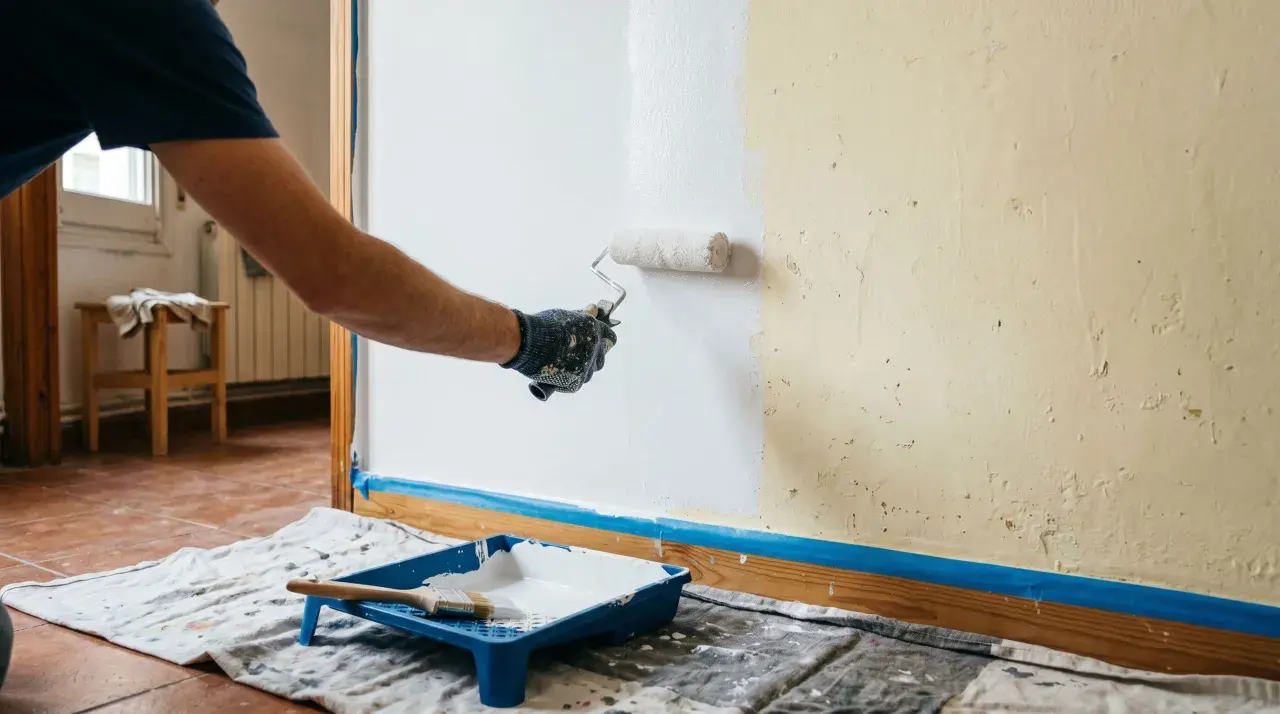 Hombre con guantes pinta pared de blanco con rodillo. Bandeja con pintura y brocha lista para seguir como pintar paredes.
