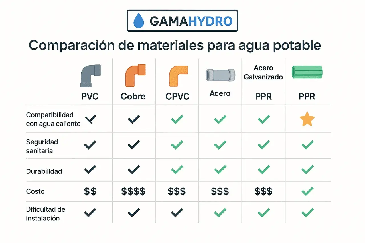 Tabla comparativa de tipos de tuberías para agua potable: PVC, Cobre, CPVC, Acero, PPR. Evalúa compatibilidad, seguridad, durabilidad, costo e instalación.