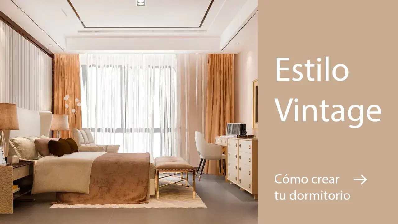 Elegante habitación vintage con cama confortable, tocador y silla de escritorio. Tonos cálidos y luz suave crean un ambiente acogedor.