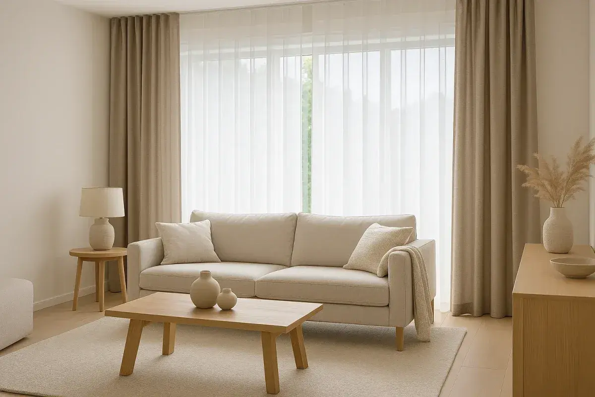 Sofá beige y cortinas de lino, un ejemplo de las últimas tendencias cortinas salón. Tonos neutros y luz natural.