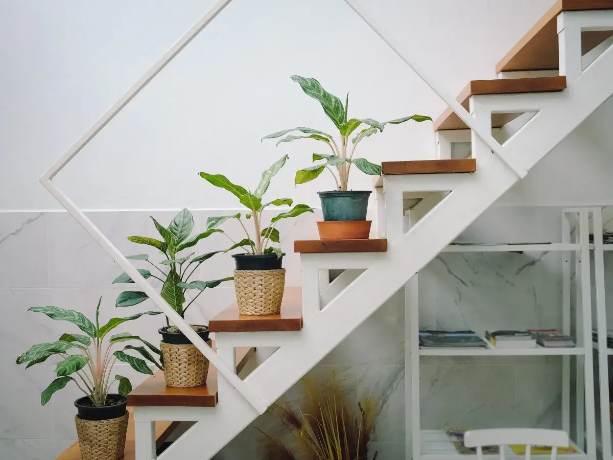 Plantas en macetas de mimbre decoran la subida de escalera interior, aportando vida y frescura.
