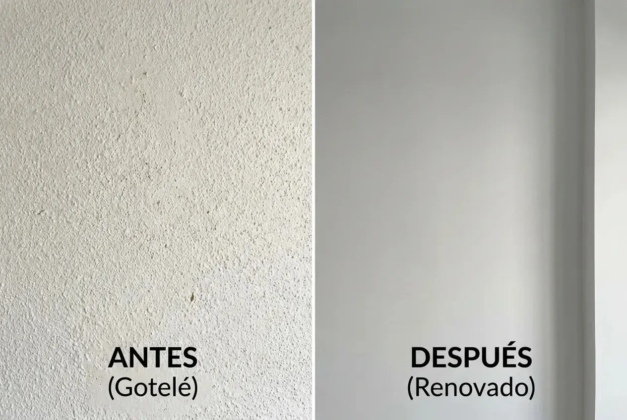 Antes y después de tapar gotelé con placas de pladur. Pared con textura rugosa vs. pared lisa y renovada.