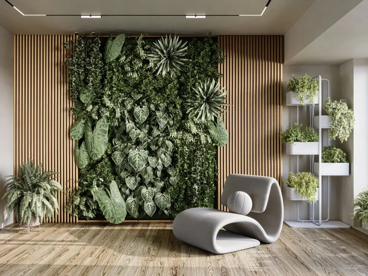 Un jardín vertical exuberante y una estantería con plantas crean un oasis natural. Una silla moderna invita a relajarse y admirar la belleza de decorar pared con plantas.