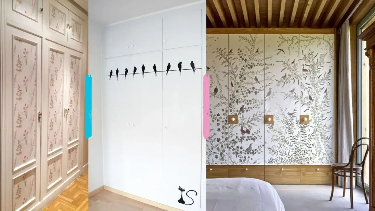 Armarios con diseños florales y de pájaros para forrar armario por dentro. Un gato negro decora uno de ellos.