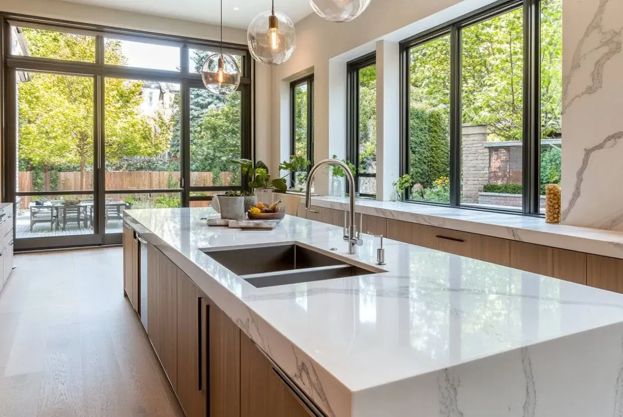 Moderna cocina con isla central de mármol, gabinetes de madera y grandes ventanales que dan a un jardín exuberante.