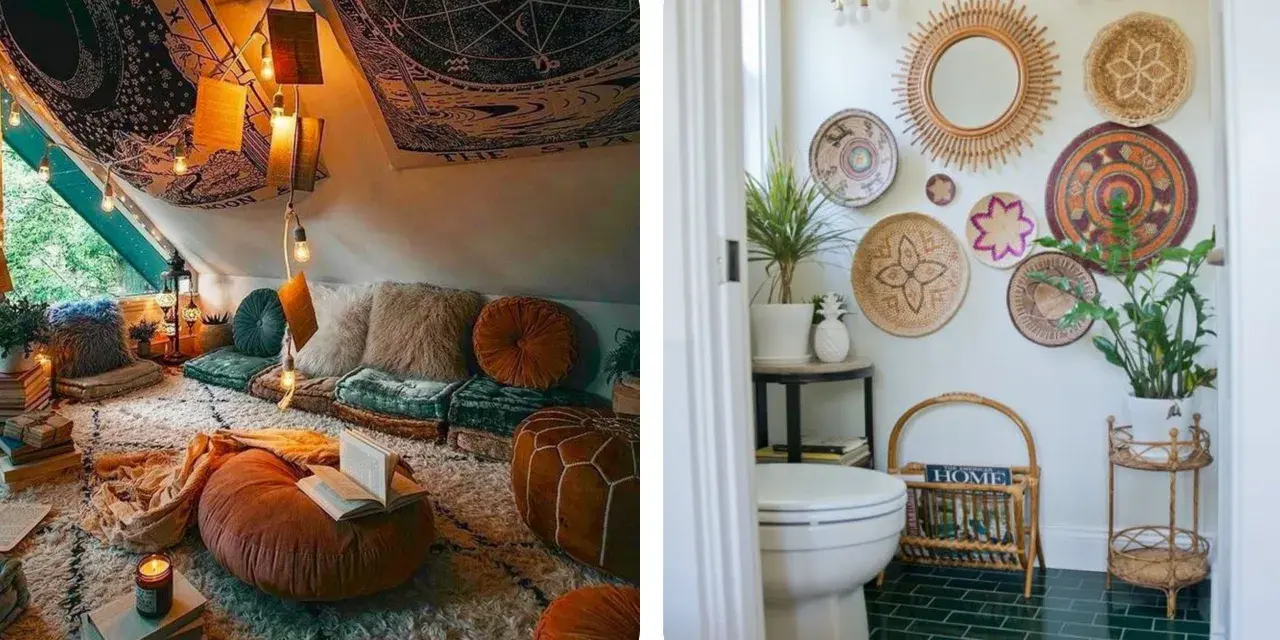 Un rincón acogedor con cojines, alfombras y luces cálidas, junto a un baño decorado con cestas y espejos, creando un estilo boho casa.