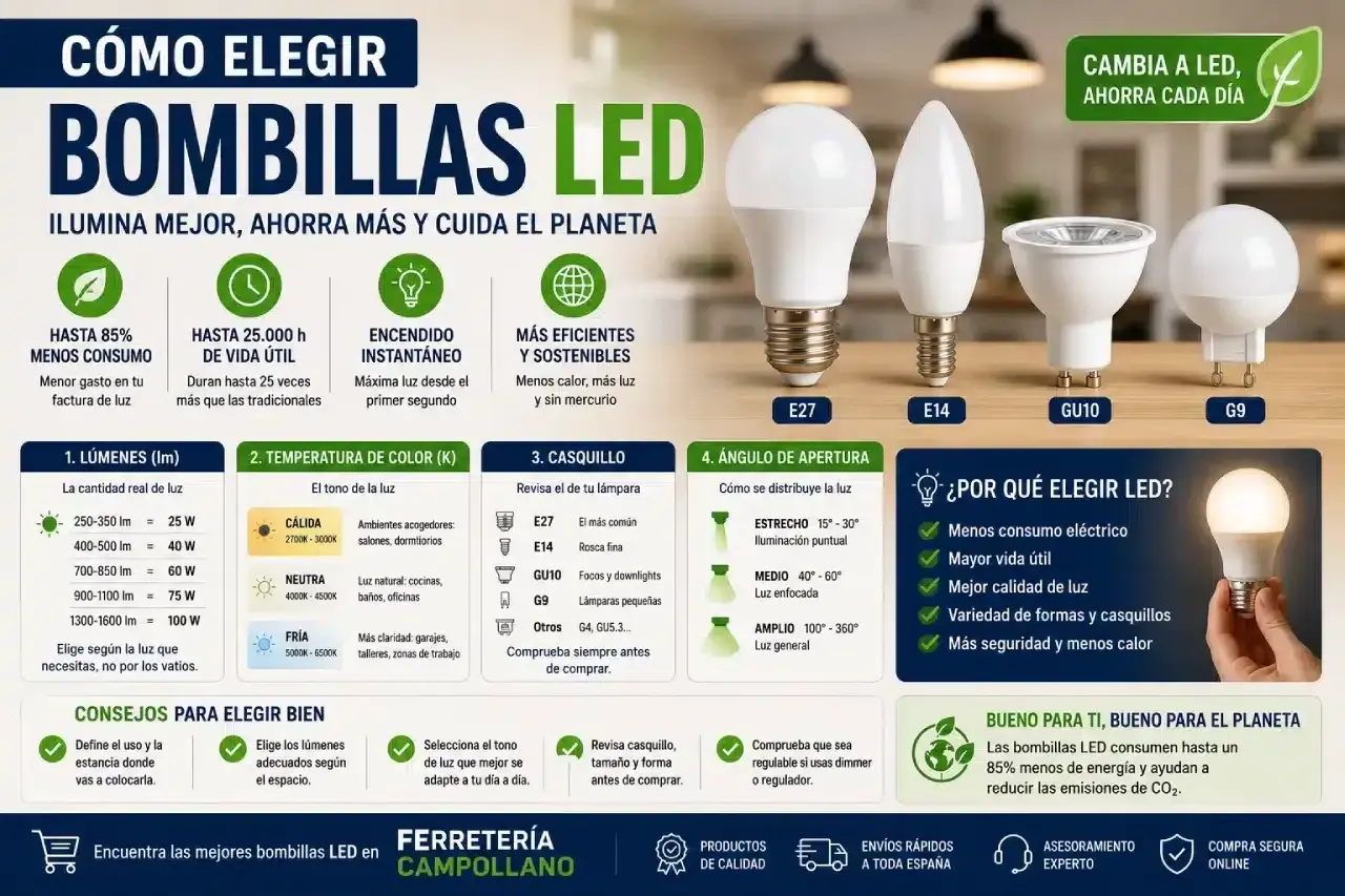 Guía para elegir bombillas LED: tipos de bombillas (E27, E14, GU10, G9), lúmenes, temperatura de color y ángulo de apertura.