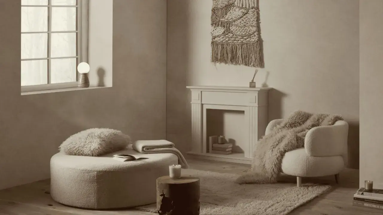 Acogedor rincón de lectura en una casa estilo nórdico, con un puf mullido, sillón con manta de pelo y chimenea decorativa.