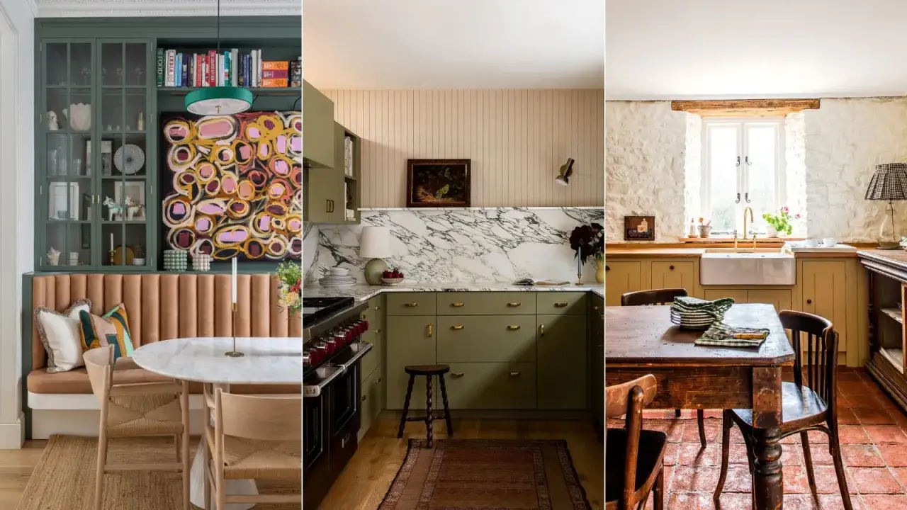 Tres cocinas con encanto: una con sof&aacute; integrado y arte abstracto, otra verde con m&aacute;rmol y una r&uacute;stica con vigas de madera. Ideas para reformar cocina sin obras.