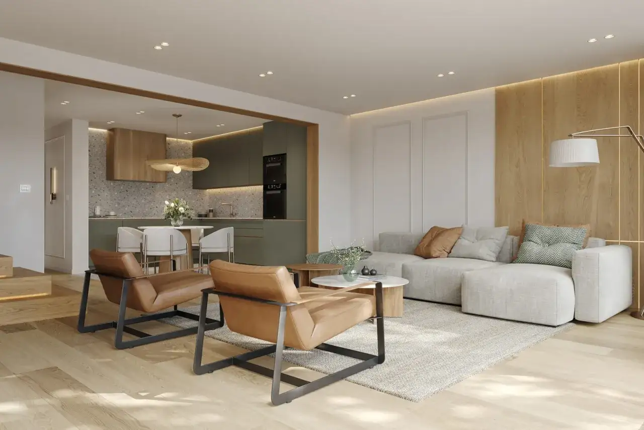 Elegantes colores para habitaciones: tonos verdes en cocina, marrones c&aacute;lidos en sillones y sof&aacute;s grises, creando un ambiente acogedor.