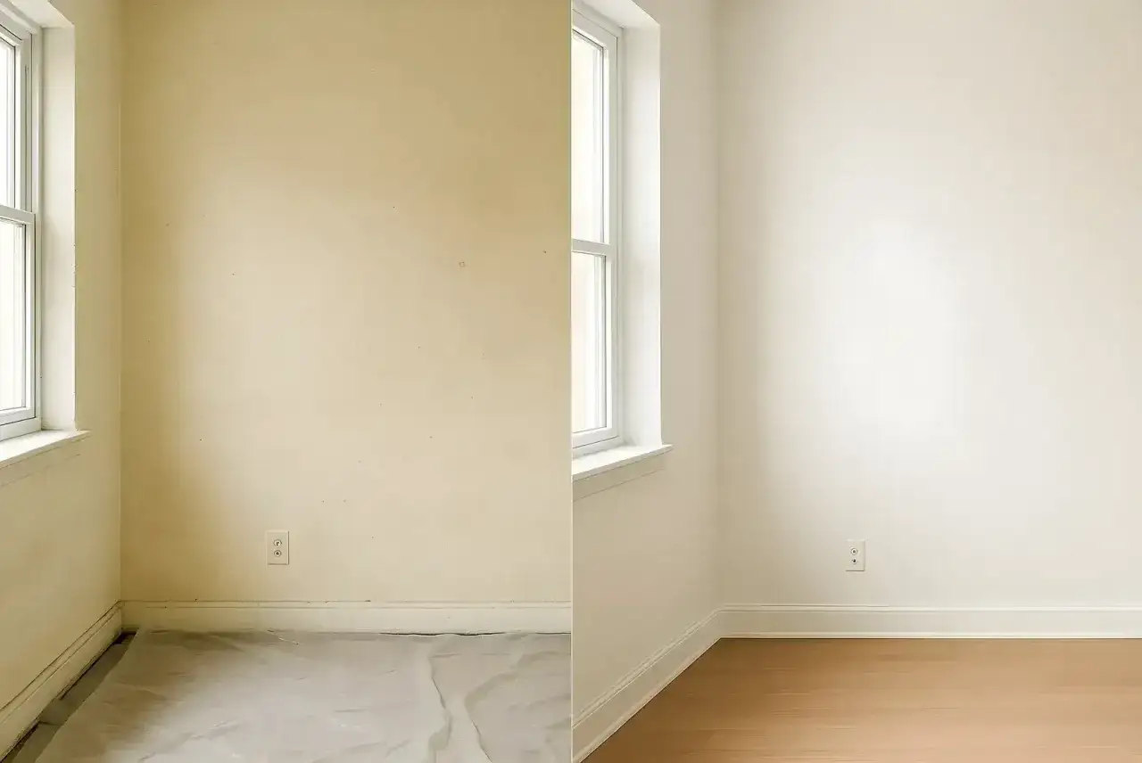 Habitaci&oacute;n antes y despu&eacute;s de pintar. La pintura para pintar pl&aacute;stico transform&oacute; las paredes amarillentas a un blanco luminoso.