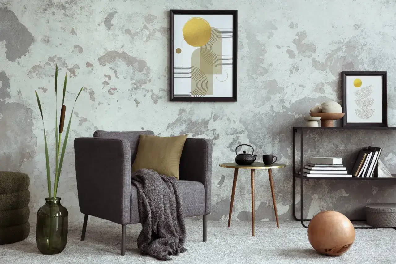 Elegante salón con pared texturizada que combina papel pintado y pintura. Sillón gris, mesa auxiliar dorada y estantería con arte abstracto.
