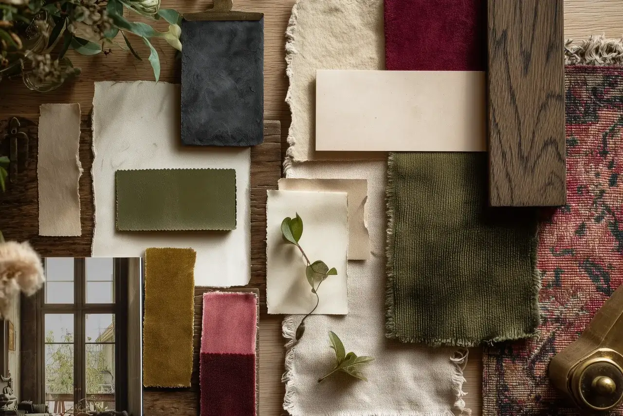 Paleta de colores para habitaciones: muestras de tela, cuero y madera en tonos tierra, verde, burdeos y negro.