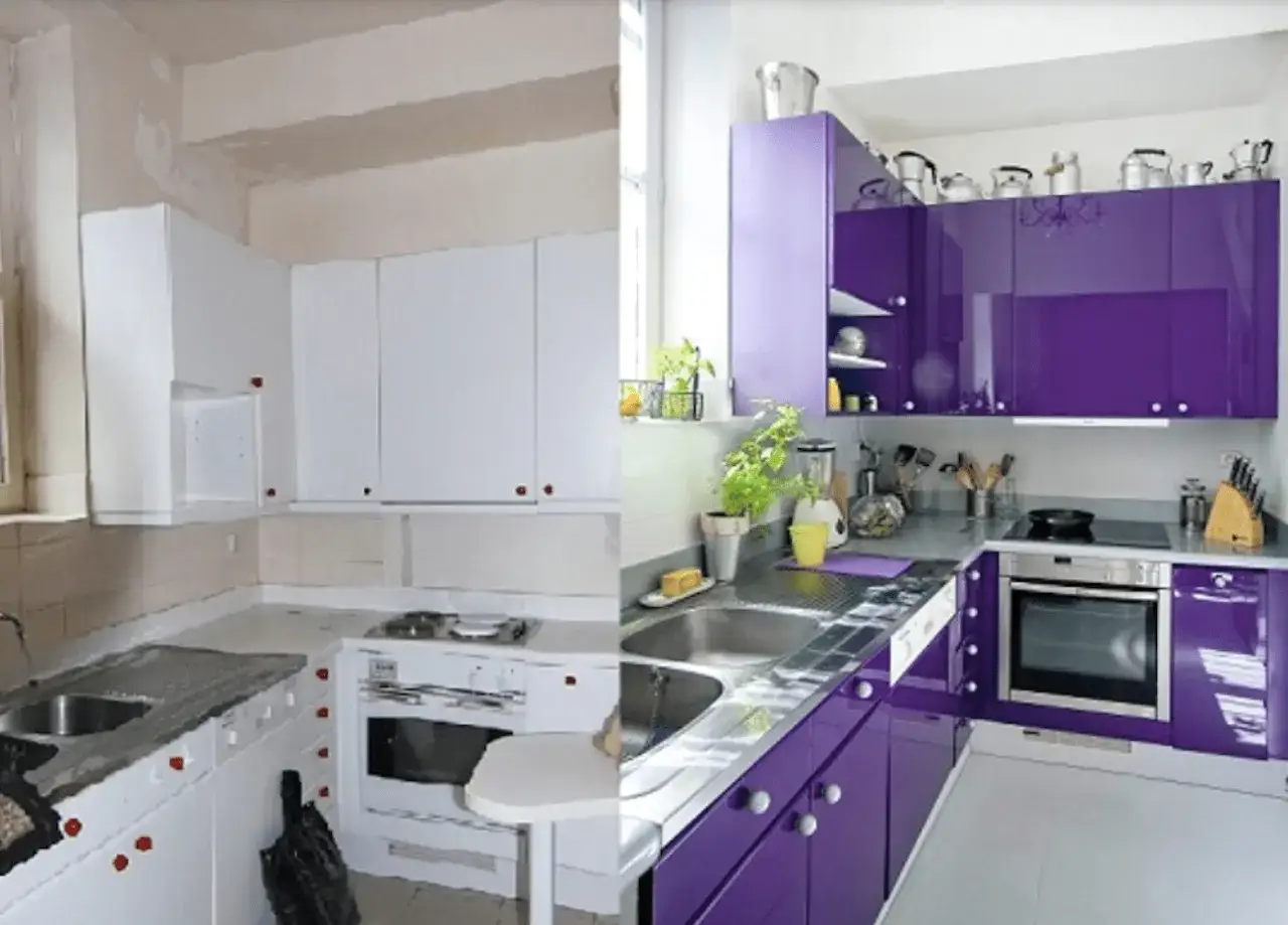 Cocina antes y después de pintar muebles de cocina. Gabinetes blancos y desordenados se transforman en un espacio vibrante y moderno con gabinetes morados brillantes.