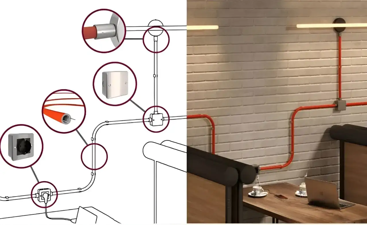 Diagrama y foto de cómo instalar enchufe de superficie con tubería roja visible en pared de ladrillo.