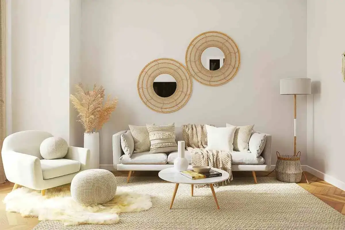Acogedora sala de estar pequeña sencilla con sofá gris, sillón blanco, mesa de centro redonda y dos espejos circulares de mimbre en la pared.
