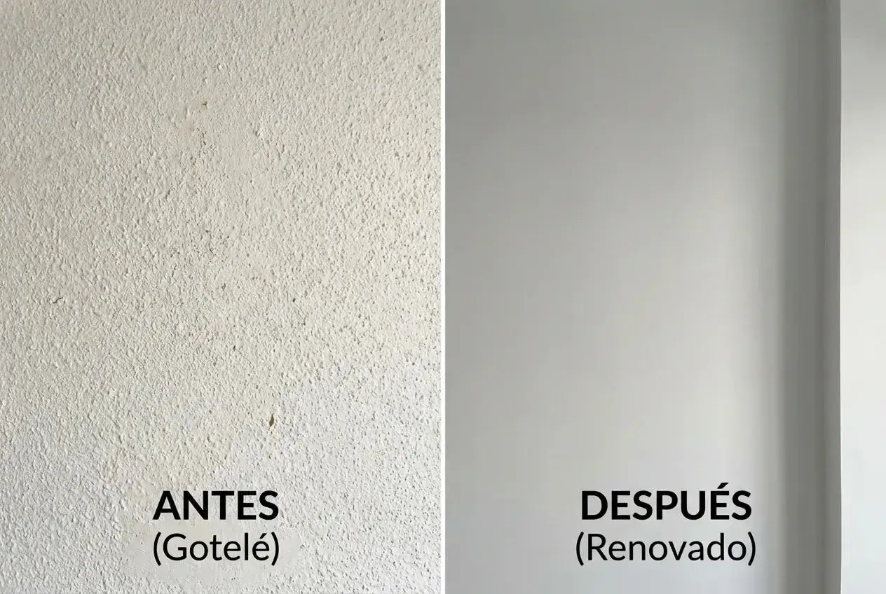 Antes y despu&eacute;s de tapar gotel&eacute; con placas de pladur. Pared con textura rugosa vs. pared lisa y renovada.