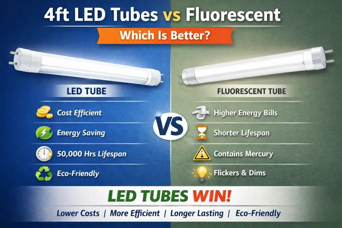 Comparación de bombillas largas LED vs. fluorescentes. Las LED son más eficientes, duraderas y ecológicas.