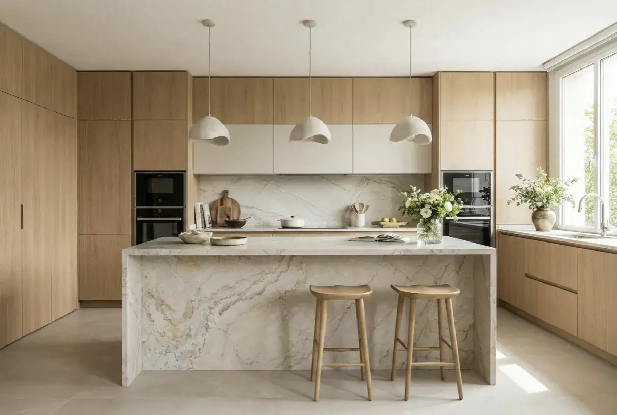 Cocina moderna con isla de mármol y taburetes de madera. Inspiración cocinas minimalistas y elegantes.