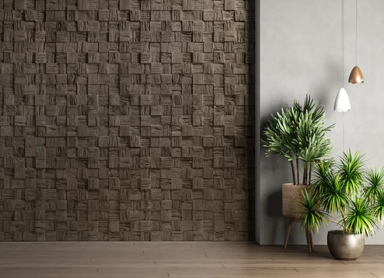 Un rinc&oacute;n acogedor para decorar pared con plantas. Un muro de madera texturizada y una pared lisa con dos l&aacute;mparas y varias plantas en macetas.