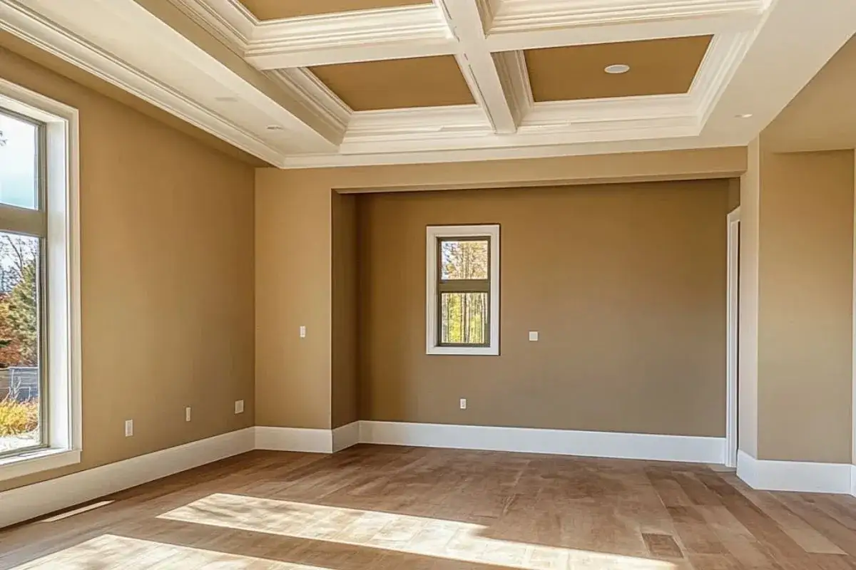Habitaci&oacute;n vac&iacute;a con paredes color caramelo, techo artesonado blanco y suelo de madera. Ideal para empezar a pensar como pintar una habitacion.