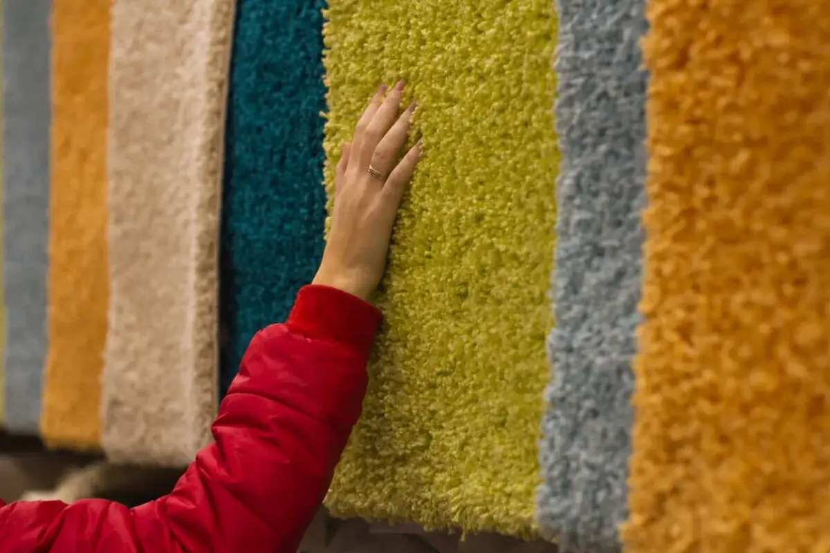 Mano tocando varios tipos de alfombras de colores vibrantes: verde lima, azul, beige y naranja.