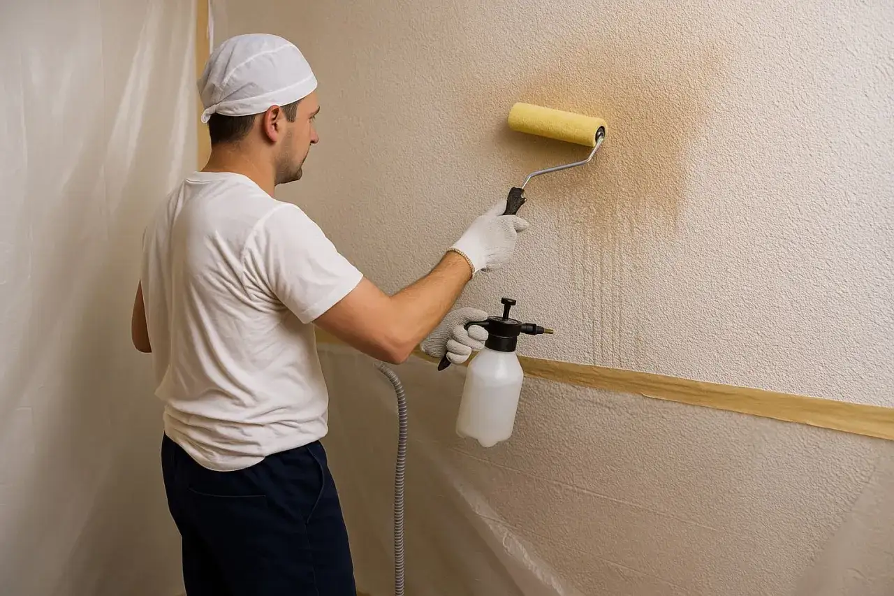 Hombre aplica gotele plástico a la pared con rodillo y pulverizador.