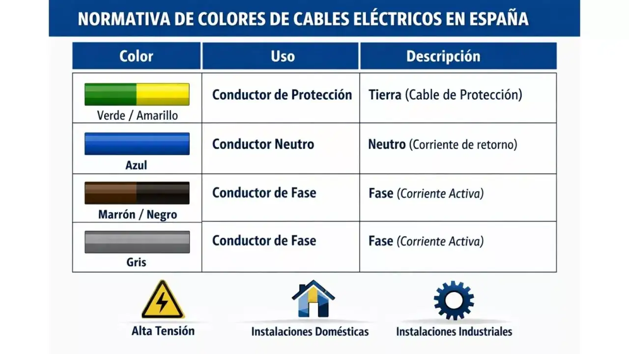 Tabla normativa colores cables eléctricos España: verde/amarillo es tierra, azul es neutro. ¿Cuál es el cable L? Marrón/negro o gris son fase (corriente activa).