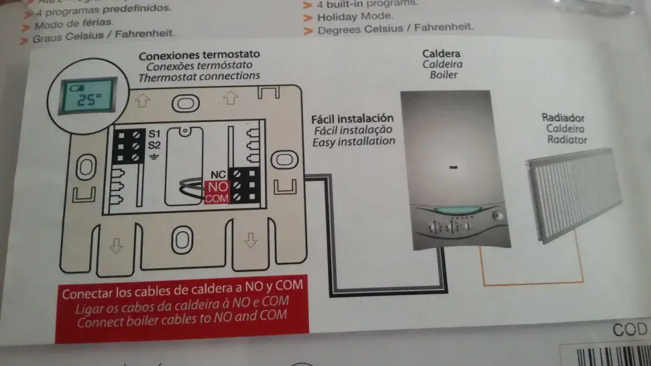 Diagrama para como poner un termostato de calefacci&oacute;n, mostrando conexiones a caldera y radiador.