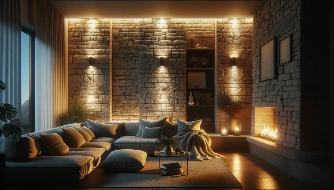 Sof&aacute; moderno junto a chimenea de piedra, con iluminaci&oacute;n c&aacute;lida que crea un ambiente acogedor. Los l&uacute;menes por m2 resaltan la textura de la pared.