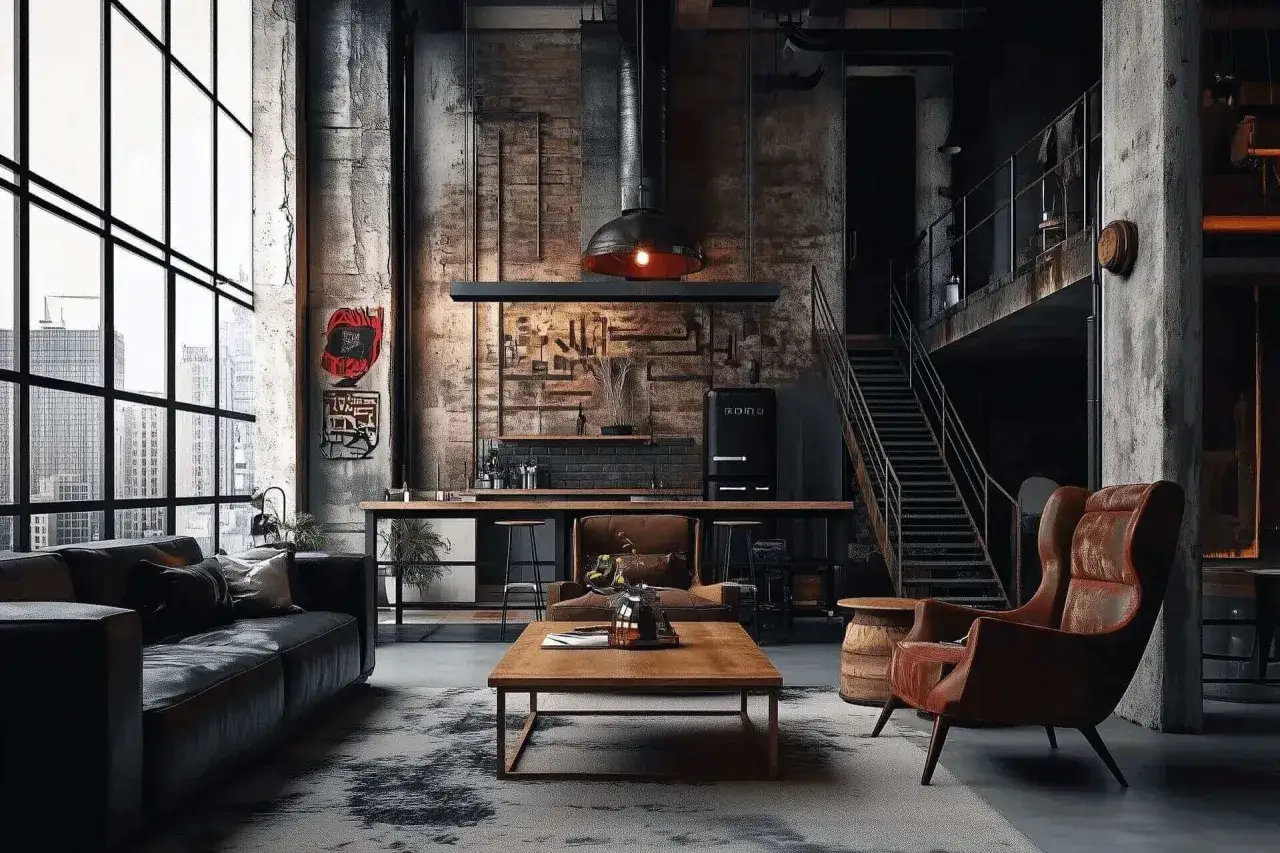 Amplio loft con paredes estilo industrial, sofá de cuero negro, mesa de centro de madera y una cocina abierta con nevera retro.