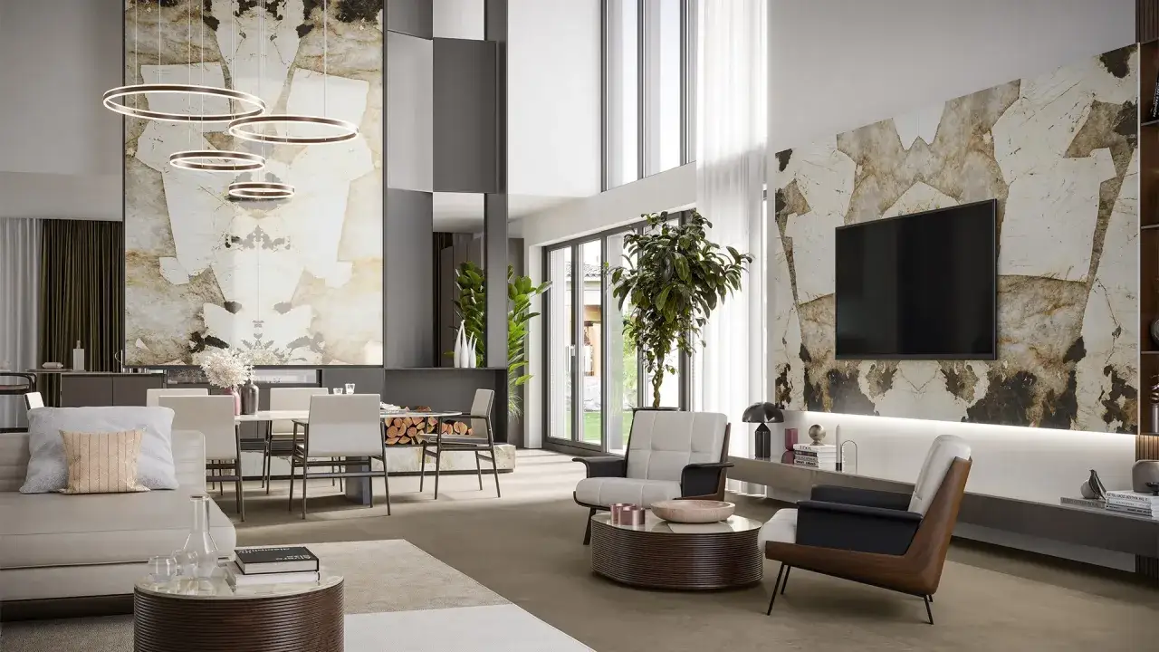 Modern living room with large stone-patterned walls, ideal for ideas para tapar paredes feas. Sofás, sillones y mesa de comedor.