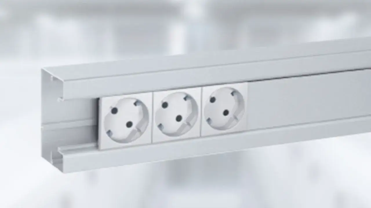 Sistema de enchufes modulares en un perfil met&aacute;lico, ideal para una instalaci&oacute;n de enchufe sin obra.