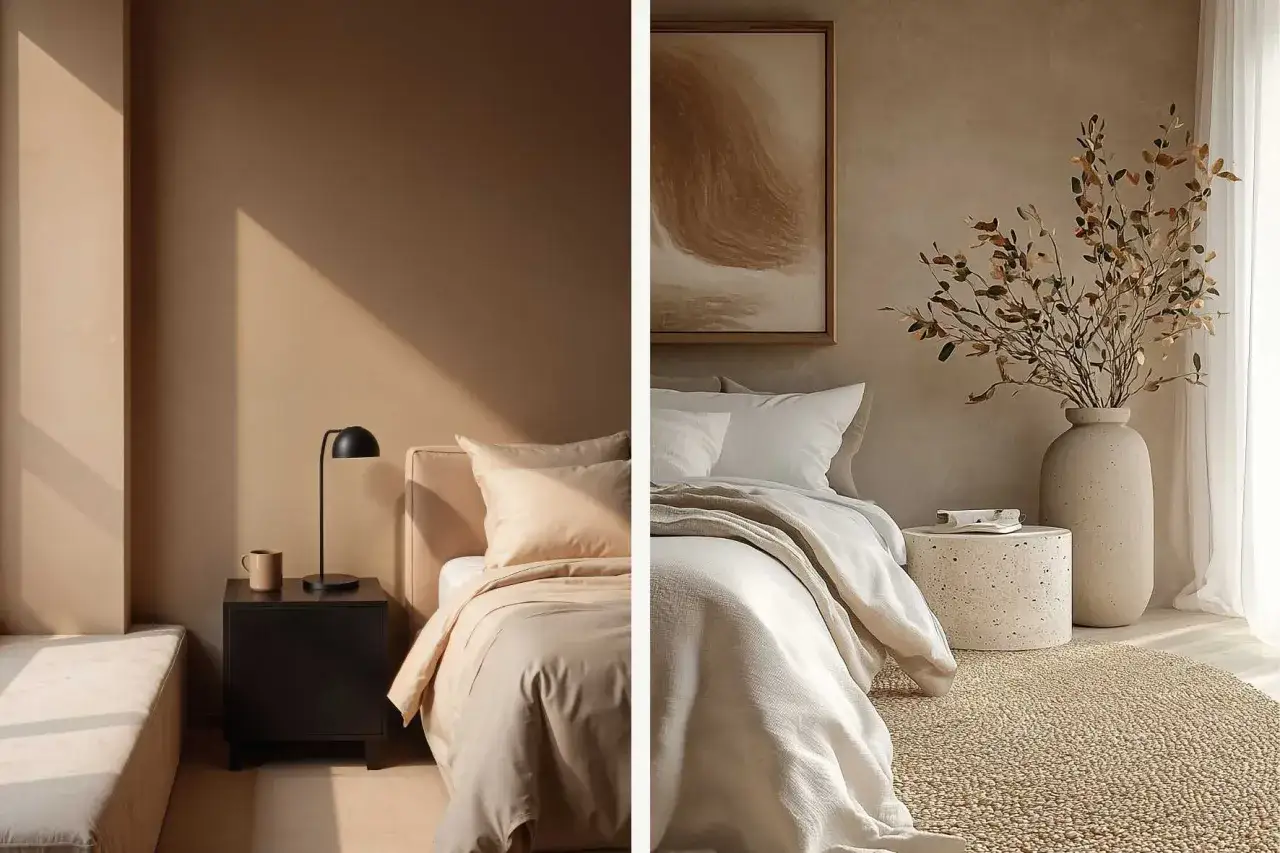 Dormitorio sereno con paredes en tonos tierra, ideal para ideas para pintar paredes originales. Luz natural y decoraci&oacute;n minimalista.