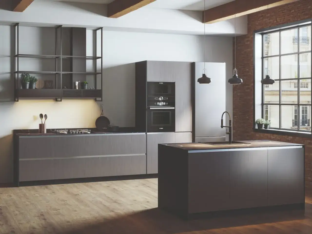 Cocina moderna con isla central, electrodomésticos integrados y estanterías abiertas. Ideal para quienes buscan restaurar muebles de cocina con estilo.