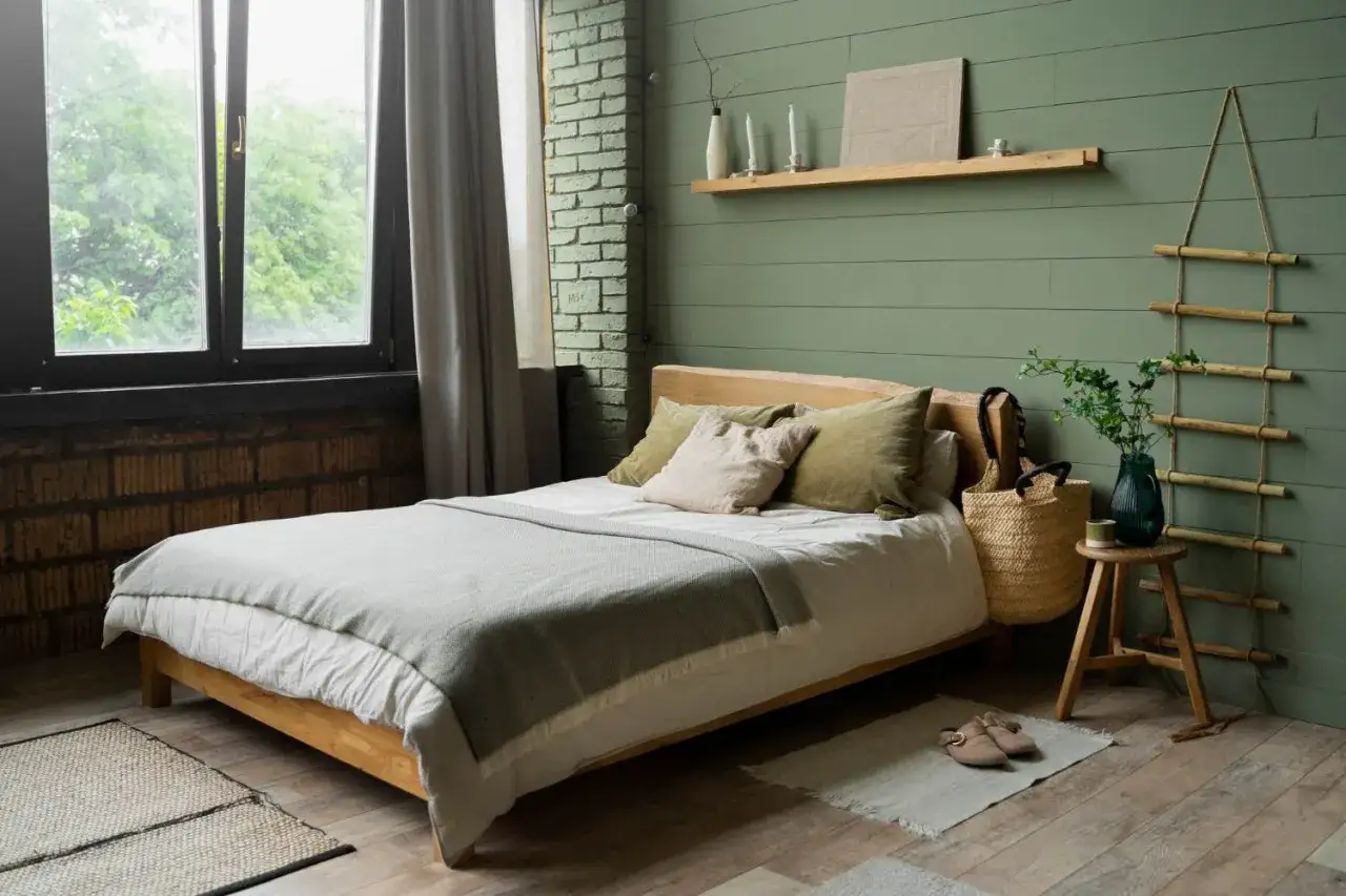 Acogedora habitación vintage con cama de madera, mantas suaves y decoración natural.