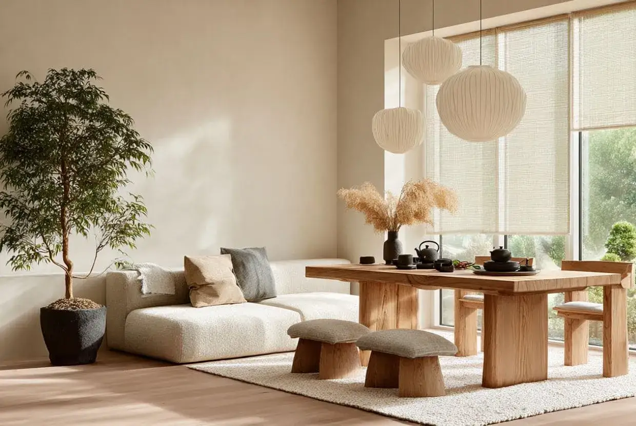 Un sal&oacute;n con decoraci&oacute;n Japandi: sof&aacute; beige, mesa de madera r&uacute;stica, taburetes y un &aacute;rbol interior.