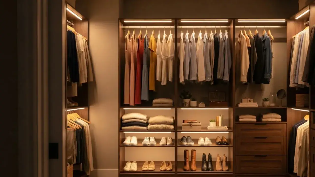 Ideas para un vestidor abierto: ropa colgada, zapatos organizados y cajones de madera, todo iluminado.